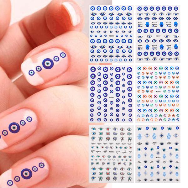 Nouveau chanceux bleu coloré mauvais œil ongle autocollant 3D ongles décalcomanies pour salons de manucure facile à appliquer conception auto-adhésive longue durée