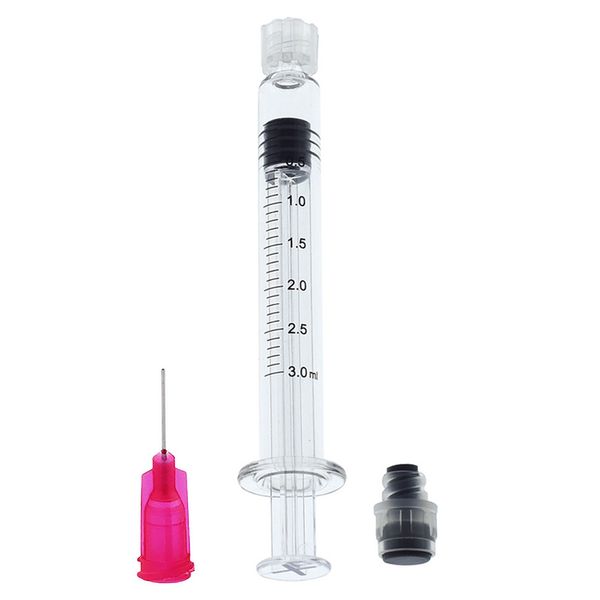 Nouvelle seringue Luer Lock avec tête de pointe 25G Injecteur de 3 ml (piston gris) pour cartouches d'huile Co2 épaisses Atomiseurs de cigarettes de couleur claire