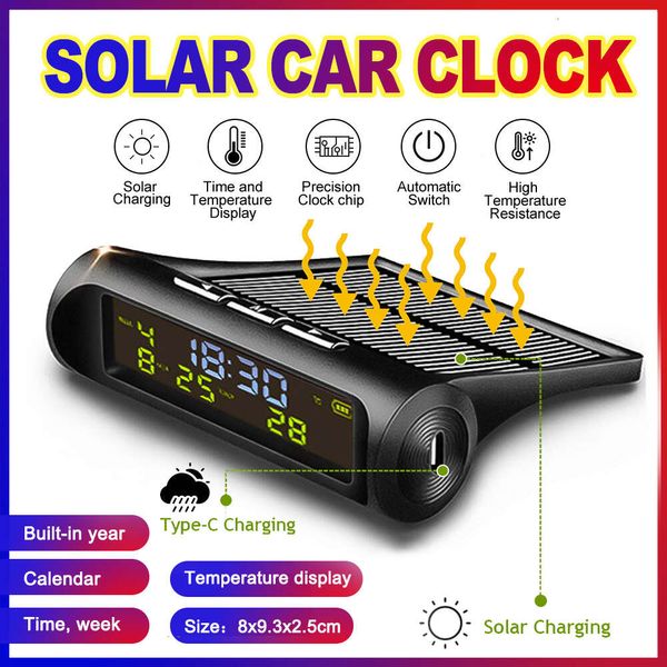 Nuevo reloj luminoso para coche, reloj Digital Solar automático con fecha y hora LCD, pantalla de temperatura para decoración de piezas de coche al aire libre