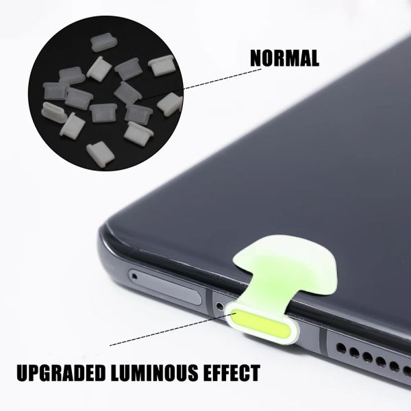 Nouveau bouchon de poussière lumineux Port à perte de perturce Port Plugs pour iPhone Samsung Xiaomi IPad Tablet iOS Type C Silicone Plug