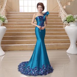 Nieuwe luxe mooie zomerjurk lange Chinese stijl jurk sexy een schouder vrouwelijke vestido blauwe qipao jurk zeemeermin vrouwen feestjurk