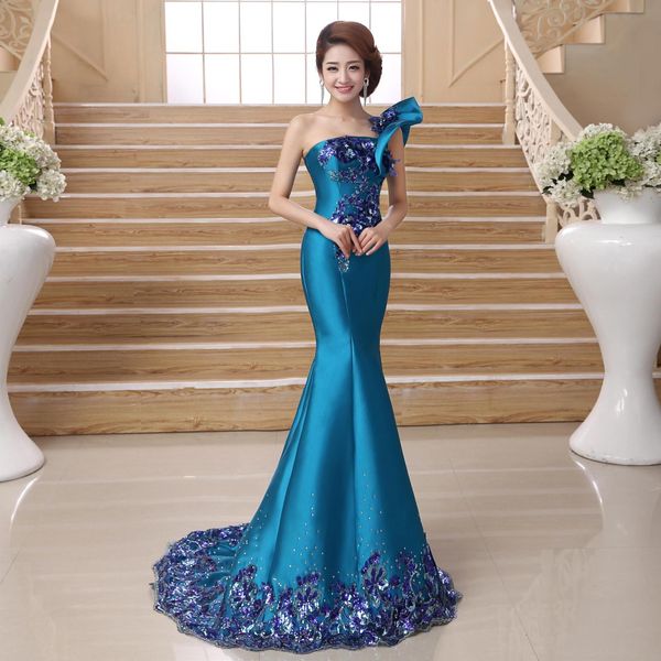 Nouveau luxueux belle robe d'été longue robe de style chinois sexy une épaule femme robe bleu Qipao robe sirène femmes robe de soirée