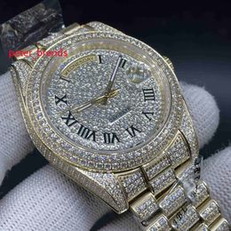 Nieuwe luxe 40mm horloge Hoge Kwaliteit Volledige Diamond Band Automatische Herenhorloges Mode Geel Goud 904 Roestvrijstalen Kaart Kant van Diamond Face