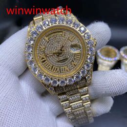 NIEUWE Luxe 43mm Goud Grote diamant Mechanische man horloge goud diamant gezicht Automatische roestvrijstalen heren prong set horloges308j