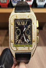 Nieuwe luxe 45 mm WGSA0017 W2SA0008 Zwarte wijzerplaat Japan Vk Quartz Chronograph Movement Mens Watch Gold Diamonds Case Leather Strap Spor3464179