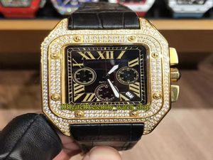 Nouveau luxe 45 mm WGSA0017 W2SA0008 Black Dial Japan VK Quartz Chronograph Movement Mens Watch Gold Diamonds Case en cuir STRAP SPOR5943585