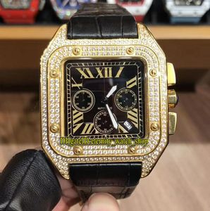 Nouveau luxe 45 mm WGSA0017 W2SA0008 Black Dial Japan VK Quartz Chronograph Movement Mens Watch Gold Diamonds Case Cuir Strap Spor4186413