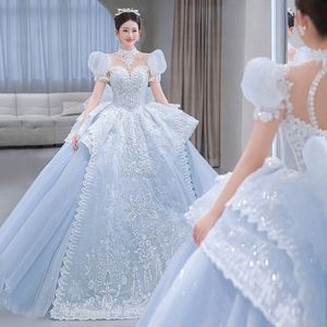 Nouveau Luxe Bleu Femmes Robe De Mariée 2023 Col Haut Manches Courtes Perles Broderie Dentelle Puffy Princesse Robe De Mariée Robes De Novia