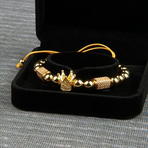 Nueva pulsera para hombres y mujeres, pulseras de macramé con corona dorada y negra, venta al por mayor, cuentas de latón de calidad superior de 8mm, joyería de regalo