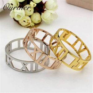 Nueva marca de lujo 18mm acero inoxidable hueco número romano brazalete para mujer accesorios oro brazalete romano K0068 Q0717