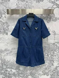 Nieuw luxemerk Fashion Blue Denim Single Breasted Lady Rapel Playsuits Women Short Sleeve High Taille Casual Jumpsuit