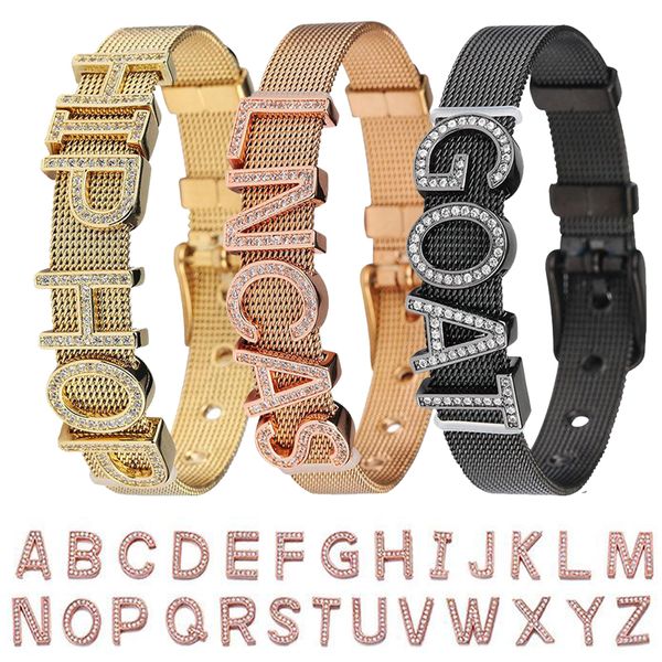 Personalizado Gold Bling Diamond Nombre personalizado Brazalete Pulsera Hip Hop Personalizado DIY Letras Amantes Pulsera Joyería Regalos para parejas