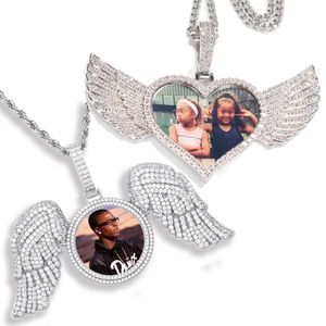 Gepersonaliseerde echte vergulde bling kubieke zirkonia diy hart foto aangepaste engel vleugel hanger ketting sieraden verjaardagsgeschenken voor jongens vrouwen