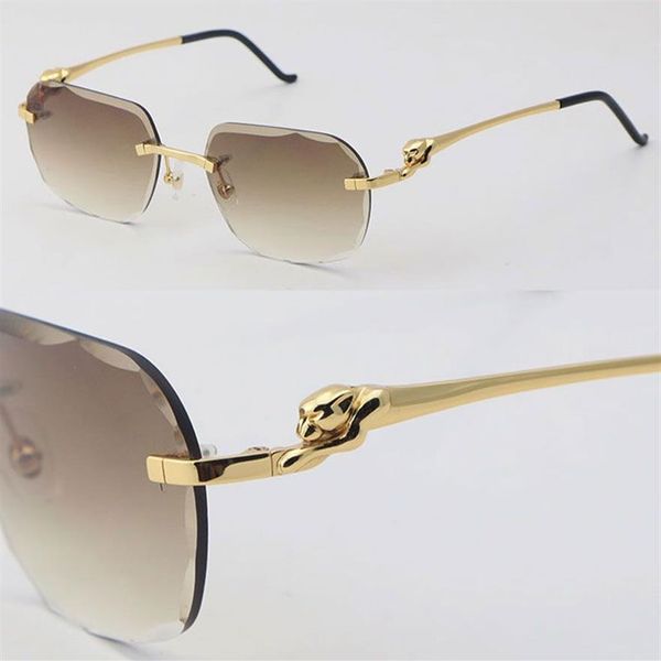 Nueva lente de diamante de lujo lente sin borde de leopardo gafas de sol hombres mujeres gafas de sol de acero inoxidable alambre de 18 km marco de oro redondo Glas288m