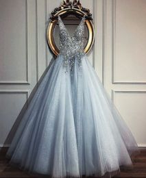 Nieuwe luxe avondjurk a line v nek kralen pailletten blauw tule long prom formal jurken gewaad de soiree 2023 Vestidos feest