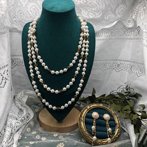 Nieuwe luxe glazen parel lange ketting oorbellen trui ketting bruiloft sieraden sets N022