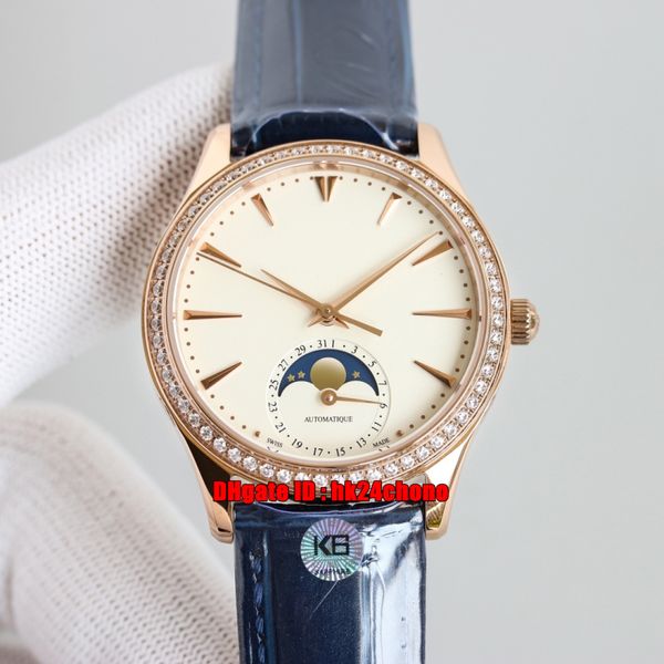 Nuevos relojes de lujo de alta calidad Master Ultra Thin Moon 34 mm Rose Gold Cal.925/1 Reloj automático para mujer 1258401 Diamond Bisel Correa de cuero Relojes de pulsera para mujer