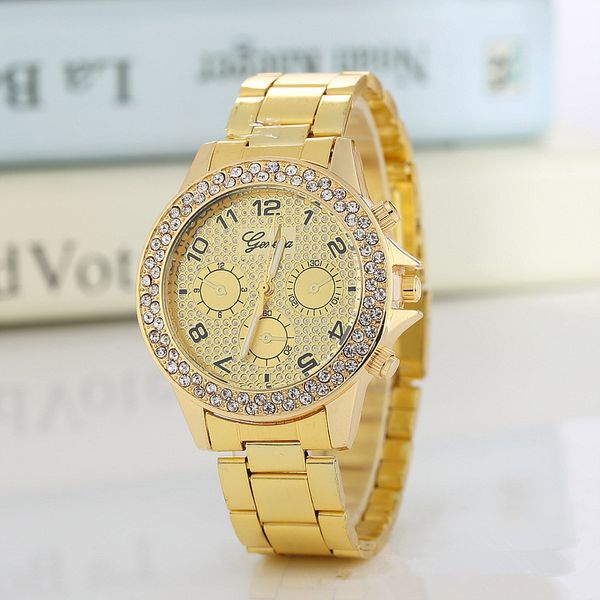 Los más nuevos relojes de lujo con diamantes de imitación para hombre, reloj de oro con diamantes de Ginebra para mujer con caja Cystal, correas de reloj de aleación de 3 colores
