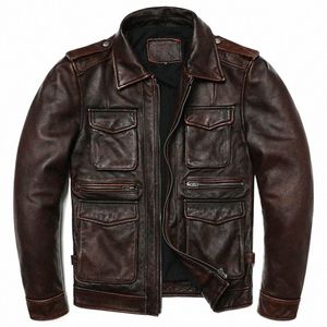 Nouveau M65 Brown Style Vintage Veste en cuir véritable hommes peau de vache naturelle Fi Slim manteau vestes homme 63rh #
