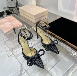 Nouveau MACH sandales femmes chaussures de créateur de luxe 9CM talon haut riveté en cuir véritable pointe de nœud Slingback talons bride à la cheville avec bouton de mode chaussures habillées