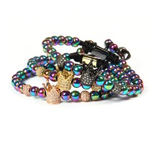 Nouveau bracelet de macrame en gros 10pcs / lot 6 mm couleurs des perles de pierre d'hématite avec bracelets de couronne CZ transparent pour cadeau