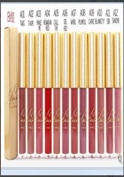 Nuevo maquillaje Labios Caja dorada Lápiz labial líquido mate Copa antiadherente Brillo de labios 12 colores diferentes 12 piezas Lote 4118318