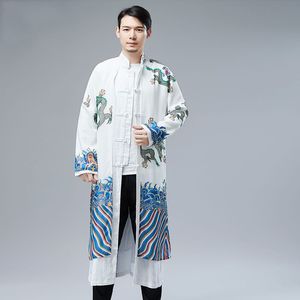 Nieuwe mannelijke cheongsam chinese traditionele gewaad katoen linnen man mandarijn kraag lange jas toga draak patroon tang pak etnische fase slijtage