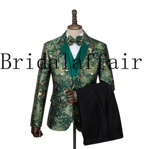 Nouveau homme mode vert Jacquard accrocheur haute qualité fête Blazer pantalon gilet costumes mâle décontracté mince Blazer manteau Suit284q