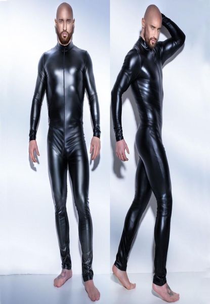 Nuevo hombre Sexy catsuit de látex de cuero Body de peluche negro brillante Lencería erótica Body Zentai Body Wear Mono de una pieza5552464