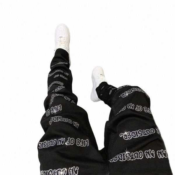 Nuevo Hombre Pantalones vaqueros elásticos Negro Flaco Taladro caliente Punk Streetwear Biker Pantalones Hombres Wed Slim Fit Fi Diseñador Lápiz Pantalones w9iZ #