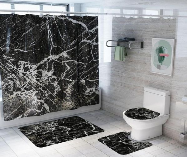 Nouveau motif imprimé marbre salle de bain rideau de douche piédestal tapis couvercle couverture de toilette tapis antidérapant tapis de bain tapis Set8740304