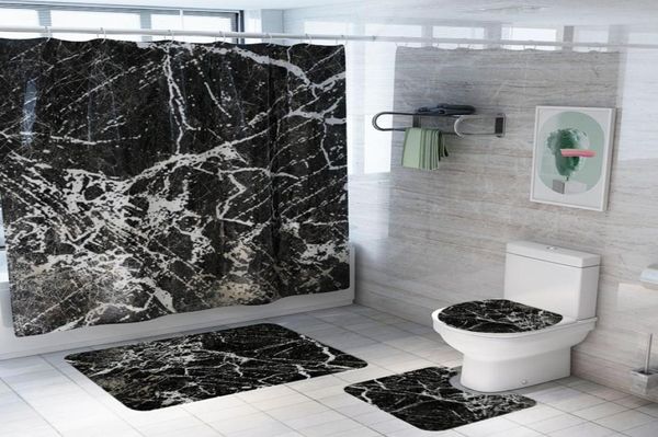 Nouveau motif imprimé marbre salle de bain rideau de douche piédestal tapis couvercle couverture de toilette tapis antidérapant tapis de bain tapis Set5536966