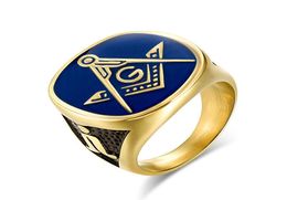 Nieuwe vrijmetselaarsring Gold kleur roestvrij staal grote ringen voor mannen blauw email cadeau voor broer vriend4551168