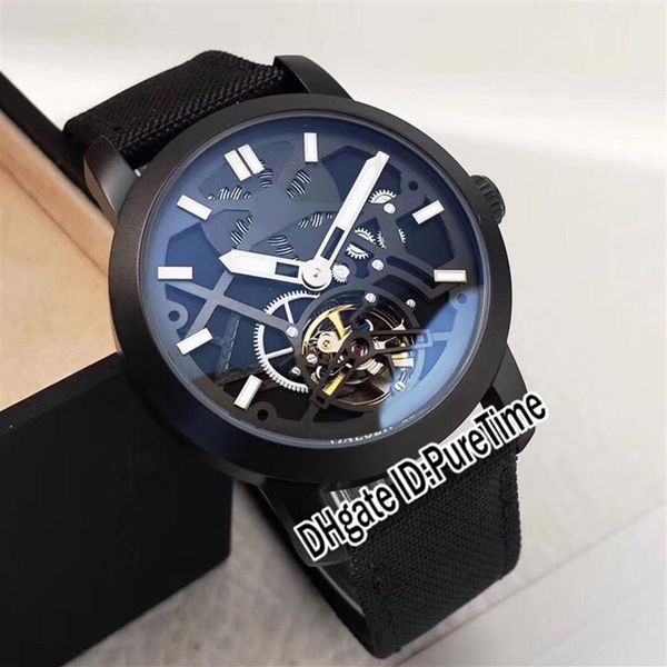 Nuevo Master Compressor PVD Steel Black Skeleton Dial Automático Tourbillon Reloj para hombre Correa de cuero de nylon Super Relojes Puretime E53183q