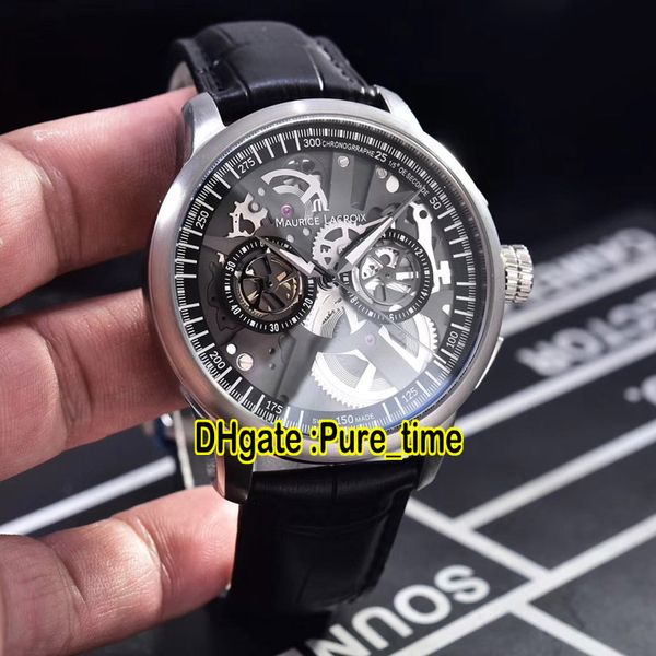 Nouveau Maurice Lacroix Masterpiece MP7128-SS001-000 squelette cadran noir chronographe à quartz montre pour homme boîtier en acier montres en cuir Pure_time