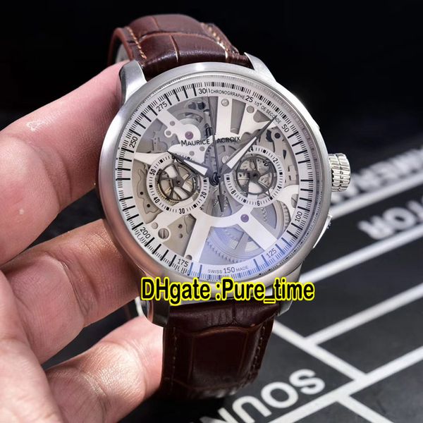 Nouveau Maurice Lacroix Masterpiece MP7128-SS001-100-1 Squelette Cadran Blanc Quartz Chronographe Montre Homme Boîtier Acier Bracelet Cuir Pure_time MP-1