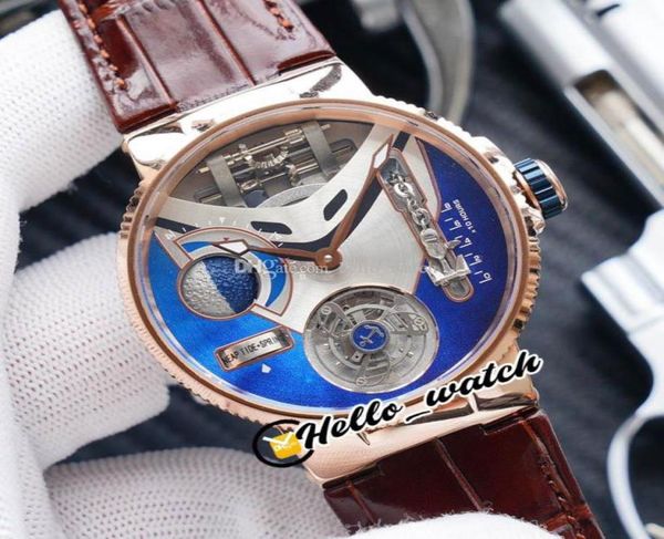 Nuevo mega yate 6319305 esmalte 3d azul azul tourbillon para hombre reloj rosa dorada cajón de cuero marrón relojes hello6427262