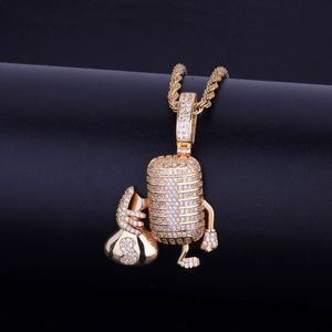 Nouveaux bijoux pour hommes Hip Hop pendentif collier glacé Microphone tenant un sac d'argent or argent couleur cubique Zircon chaîne de corde libre
