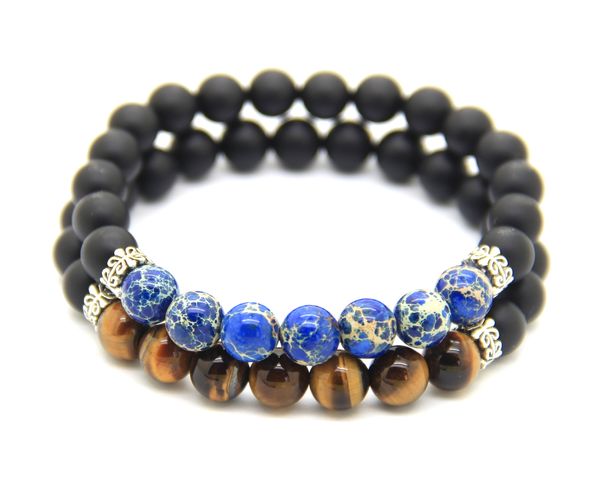 NOUVELLE BRACEULEMENT HOMMES ET FEMMES, AGATE MATTE DE HAUTE DE 8 mm avec des perles de pierre de sédiments de mer bleu classique et de pierre de tigre