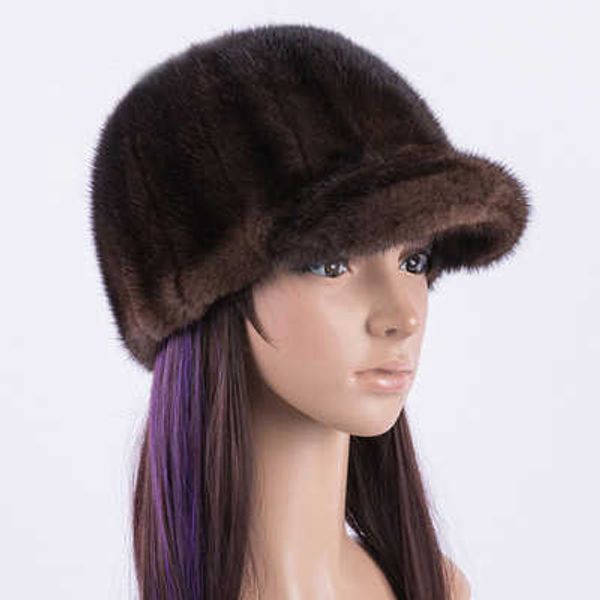 Nuevos hombres y mujeres Gorro de piel de visón natural real genuino adulto hecho a mano cálida gorra de béisbol de invierno Q0911