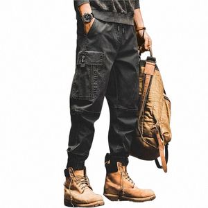 Pantalon cargo pour hommes, couleur unie, multi-poches, taille élastique, cordon de serrage, ample, streetwear, droit, noué à la cheville, pantalon de travail f6oQ #