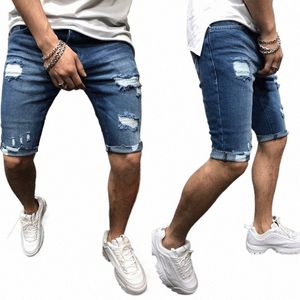 Nouveaux hommes Shorts occasionnels Fi Jeans Pantalon court Détruit Jeans skinny Ripped Pantalon effiloché Denim Y3lw #
