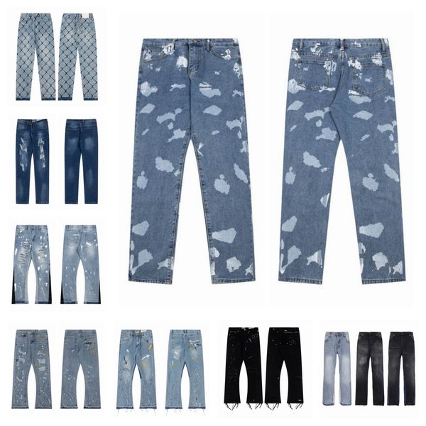 Nuevos diseñadores de hombres Jeans Jeans morados Tinta de salpicaduras de alta calidad Graffiti Micro Jeans acampanados Pantalones de mezclilla desgastados Biker Jean Slim Fit Motocicleta