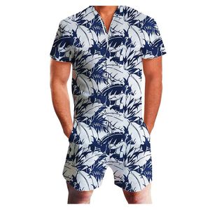 Heren trainingspakken Mannen Hawaii Print Rits Romper Playsuits Korte Mouw V-hals Fit Slanke Jumpsuit Male Casual Overalls