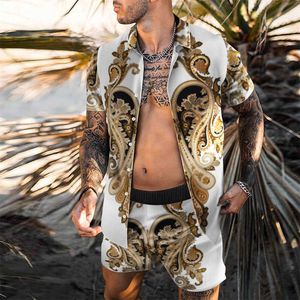 Nouveaux hommes hawaïens ensembles impression 2021 été à manches courtes bouton chemise plage shorts streetwear décontracté costume pour hommes 2 pièces vêtements x0610