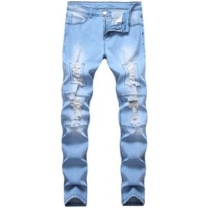 Jeans pour hommes hommes marée déchiré tendance pantalon long stretch mince trou détruit bleu clair grande taille décontracté mâle