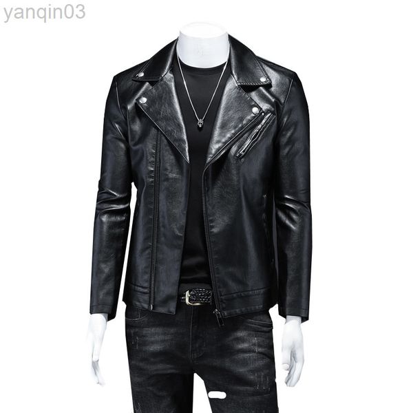 Veste de moto en simili cuir pour Homme, noire, à la mode, avec fermeture éclair diagonale, taille 5XL-S, L220801