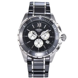 Nouveaux hommes montre à quartz en céramique noire bicolore en acier inoxydable cadran arrière argent mains chronograph255L