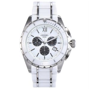 Nouveaux hommes montre à quartz en céramique blanche bicolore en acier inoxydable cadran arrière argent mains chronograph2442338N