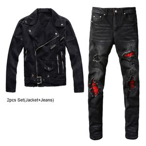 2023 Trainingspakken Heren Zwart 2 stuks Broek Sets Punk Slim Slant Rits Denim Jasje en Ripped Patch Stretch Jeans High Street Trendy Herenkleding